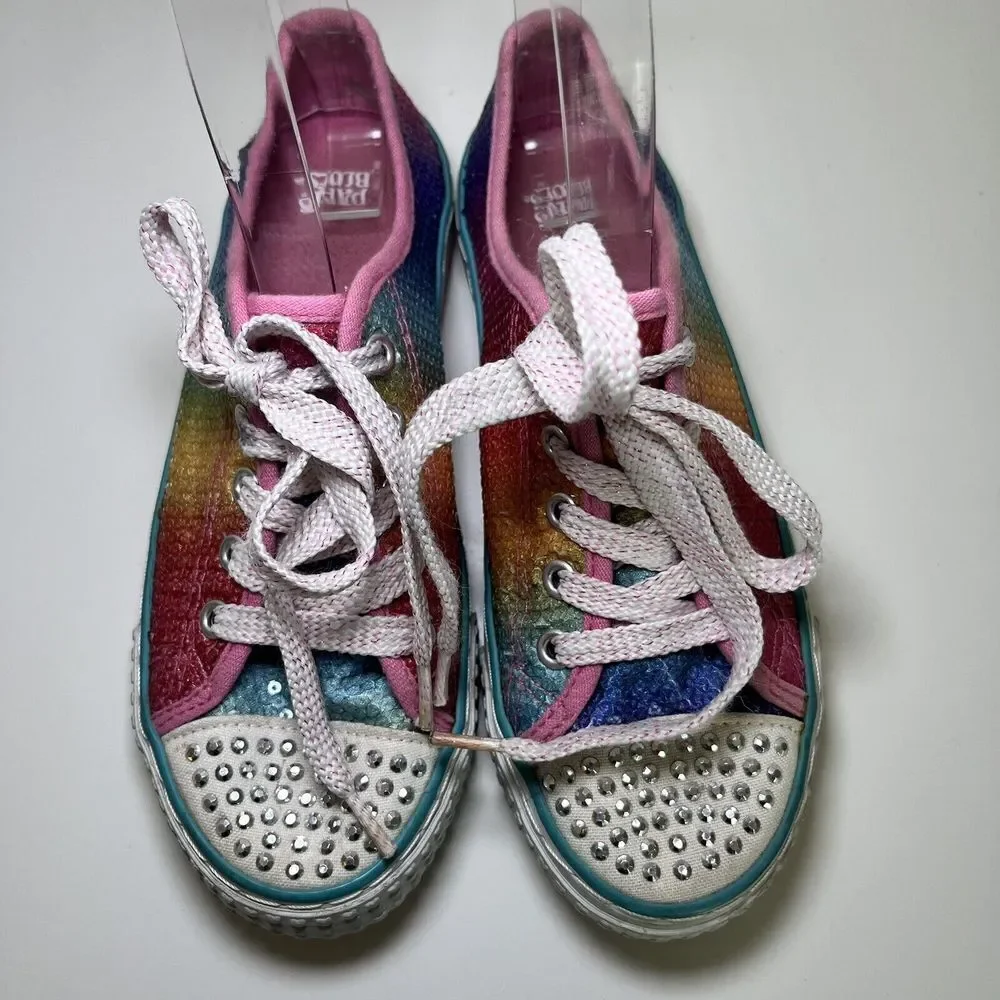 Paris Blues Sequin Rainbow Rhinestone Heart Sneakers Shoes Lace Up Girls Flats 1